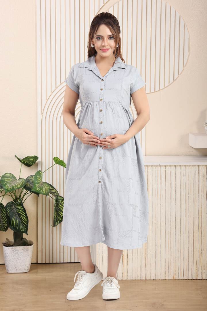 Cloud Gray Chikankari Feeding Dress
