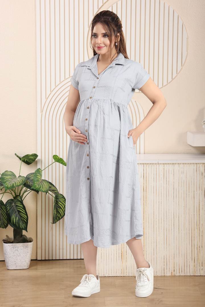 Cloud Gray Chikankari Feeding Dress
