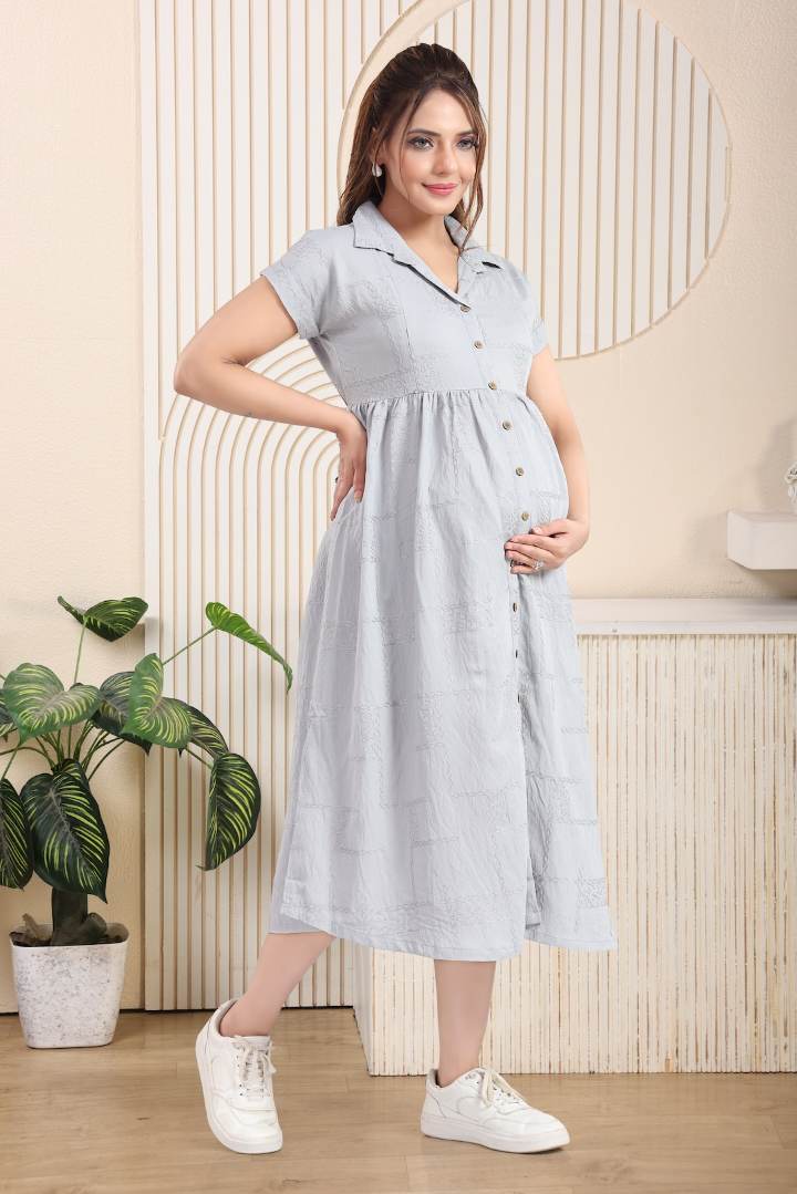 Cloud Gray Chikankari Feeding Dress