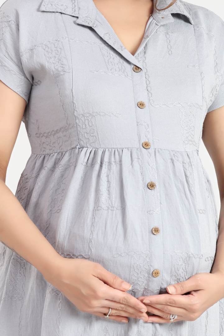 Cloud Gray Chikankari Feeding Dress