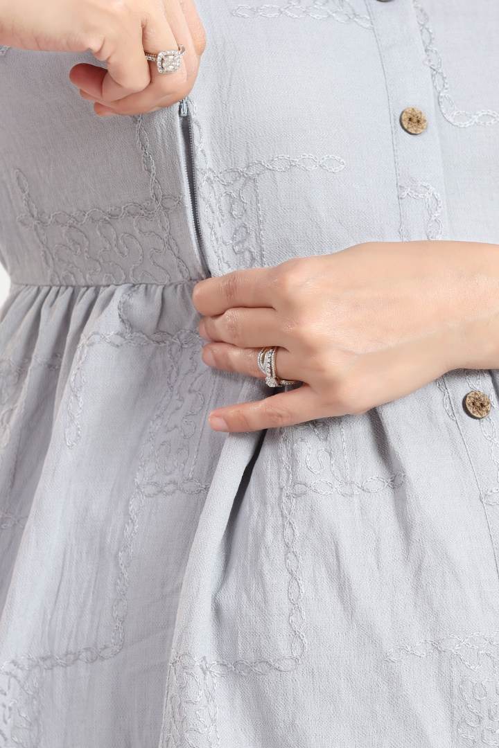 Cloud Gray Chikankari Feeding Dress