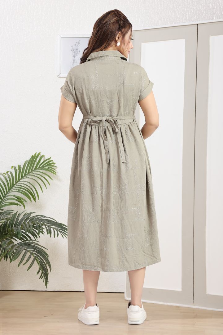 Cement Green Chikankari Feeding Dress