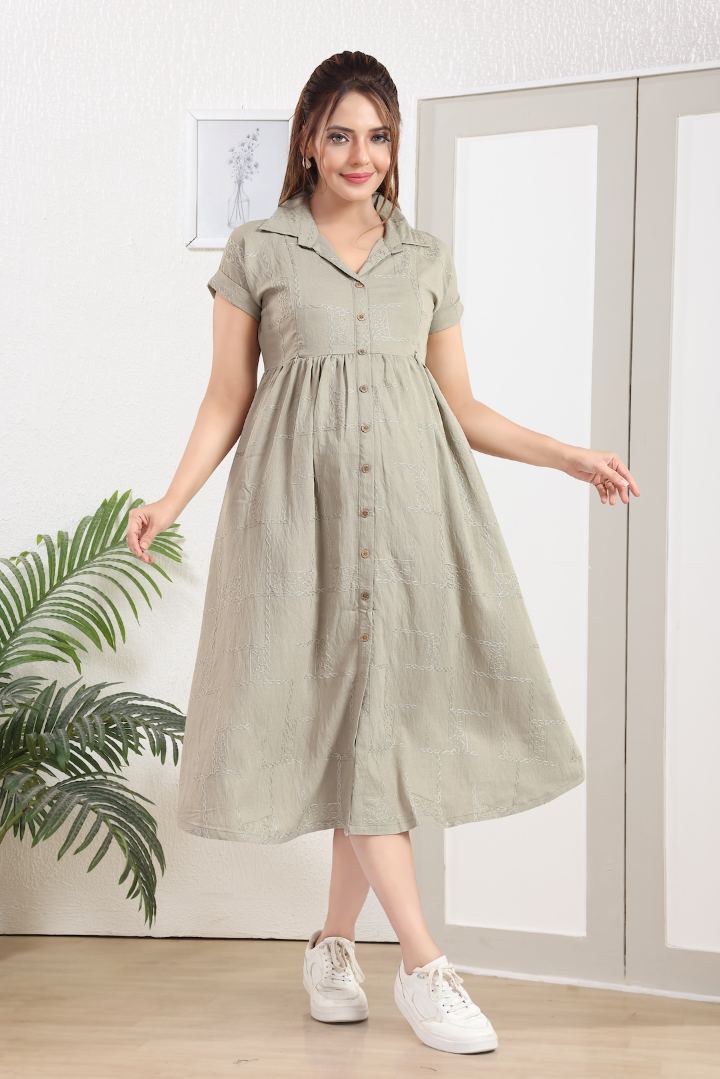 Cement Green Chikankari Feeding Dress