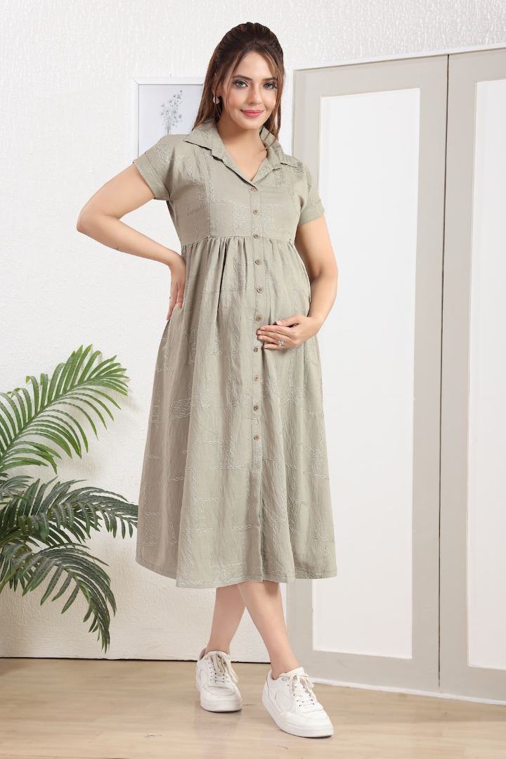 Cement Green Chikankari Feeding Dress