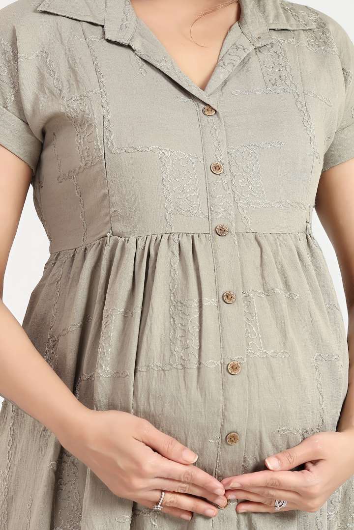 Cement Green Chikankari Feeding Dress