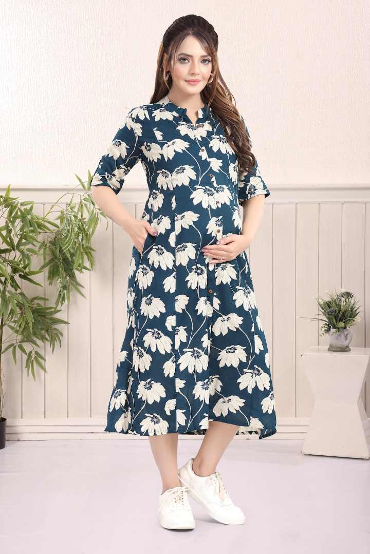 Peacock Blue Printed Feeding Kurti