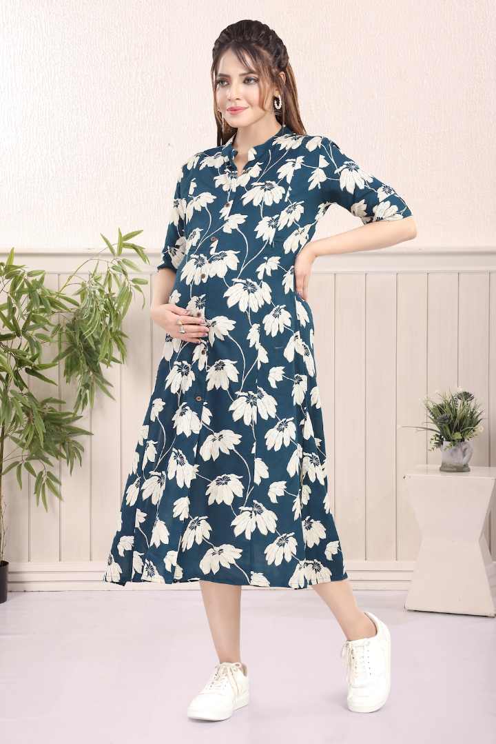 Peacock Blue Printed Feeding Kurti