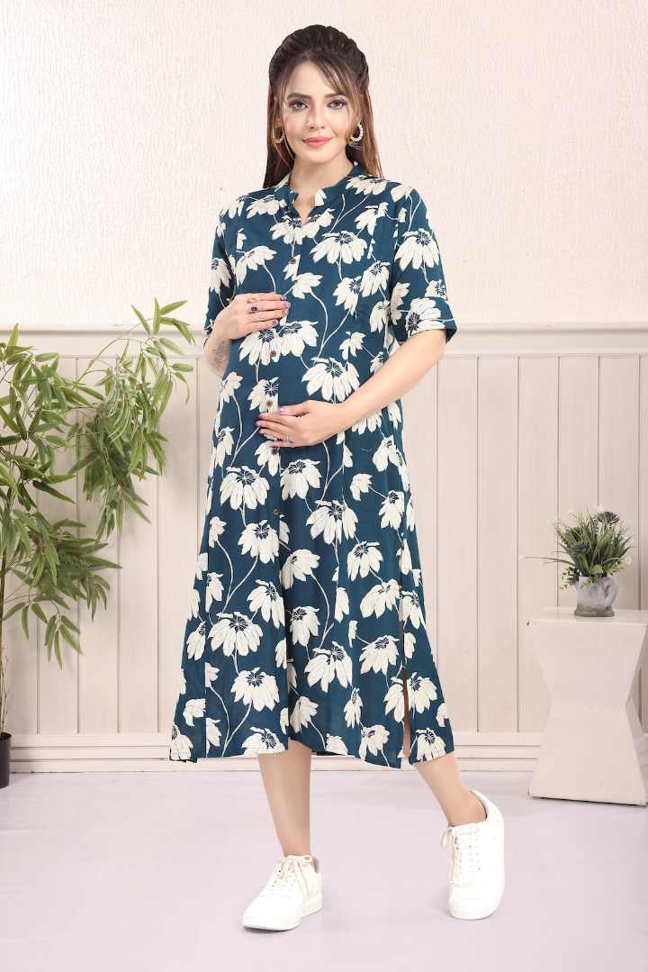 Peacock Blue Printed Feeding Kurti