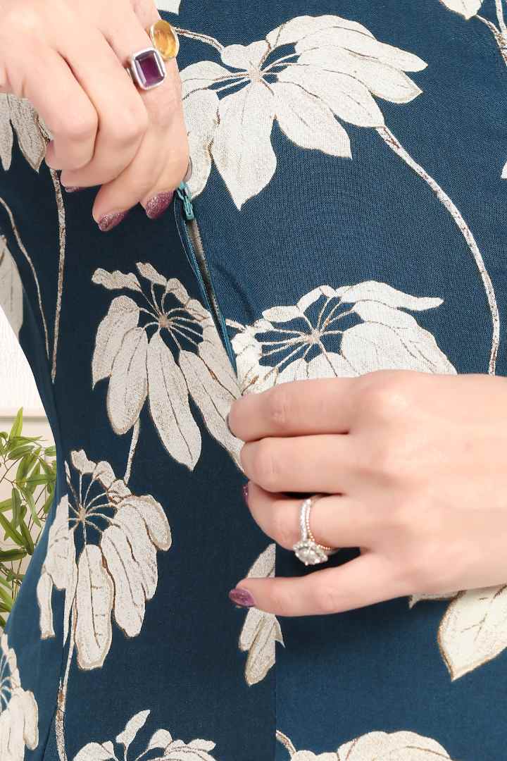 Peacock Blue Printed Feeding Kurti