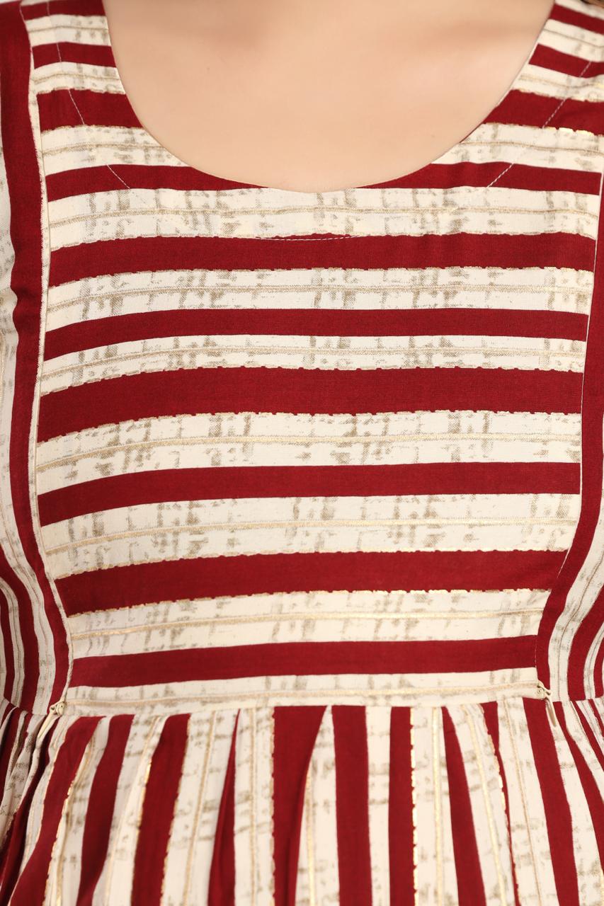 Maroon Stripe Foil Print Nursing Dress