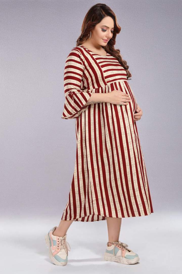 Maroon Stripe Foil Print Nursing Dress