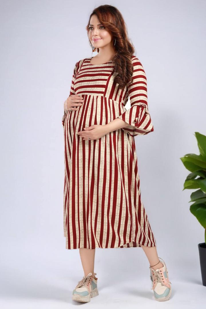 Maroon Stripe Foil Print Maternity Dress
