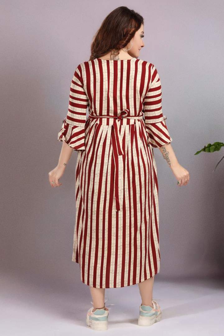 Maroon Stripe Foil Print Nursing Dress