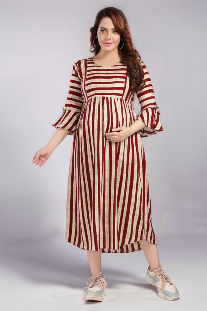 Maroon Stripe Foil Print Maternity Dress