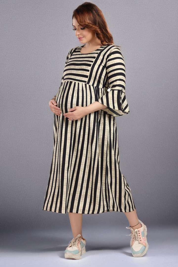 Indigo Blue Stripe Foil Print Maternity Dress