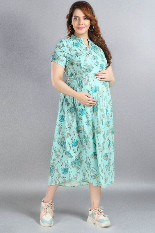 Light Blue Chinese Collar Maternity Dress