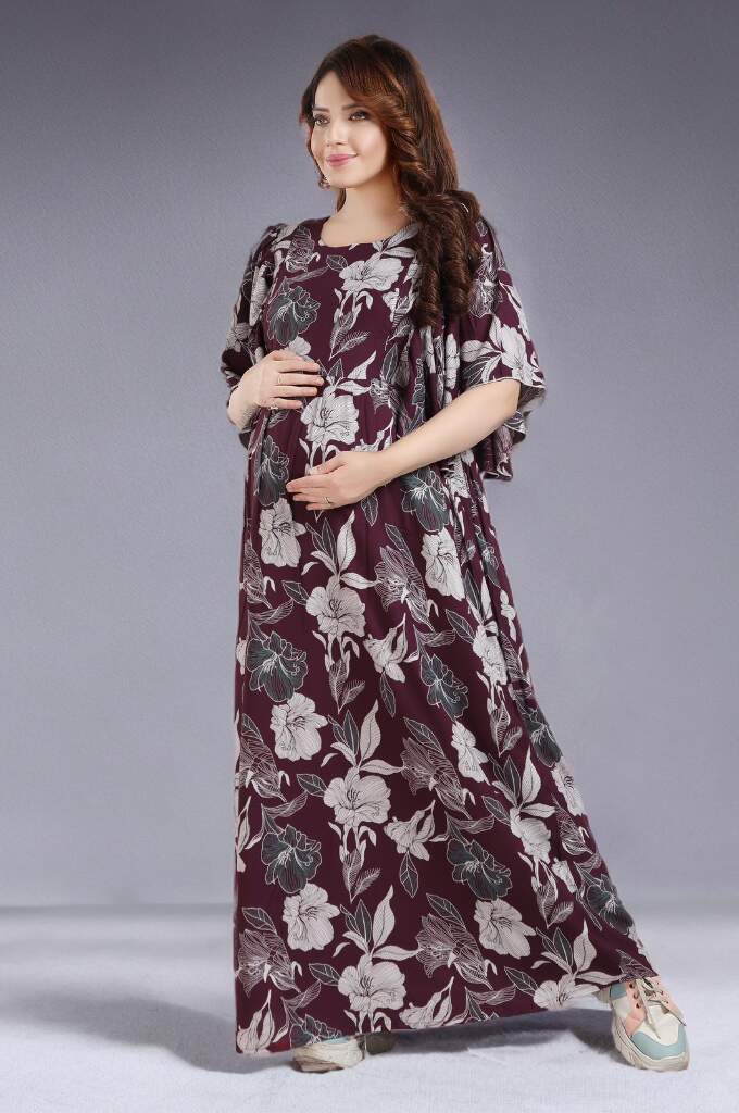 Wine Floral Print Full Length Feeding Dress