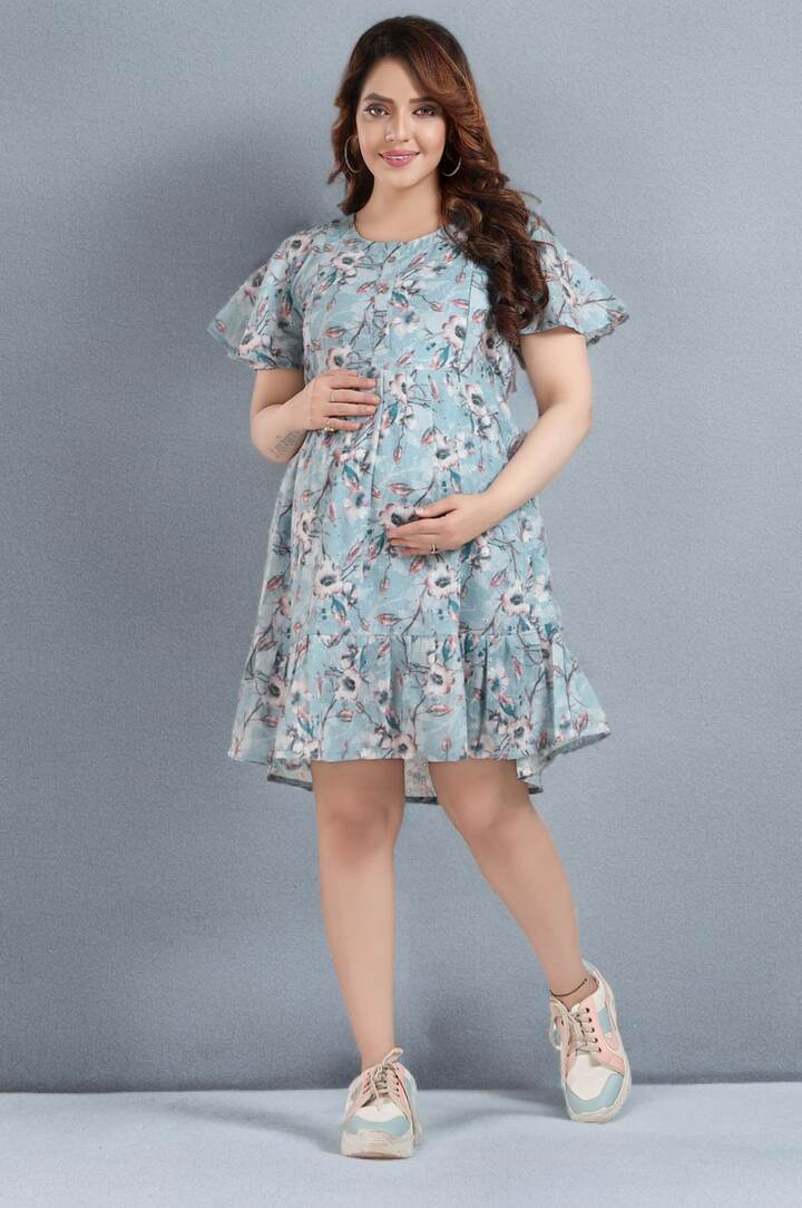 Powder Blue Chikankari Maternity Dress