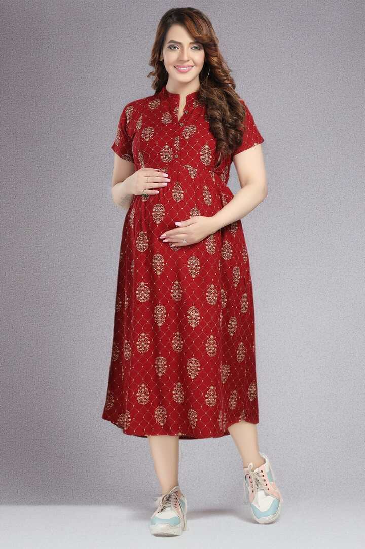 Maroon Foil Print Feeding Dress