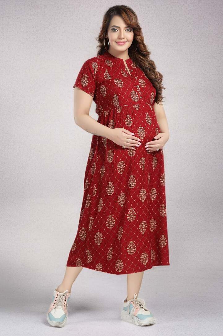 Maroon Foil Print Feeding Dress