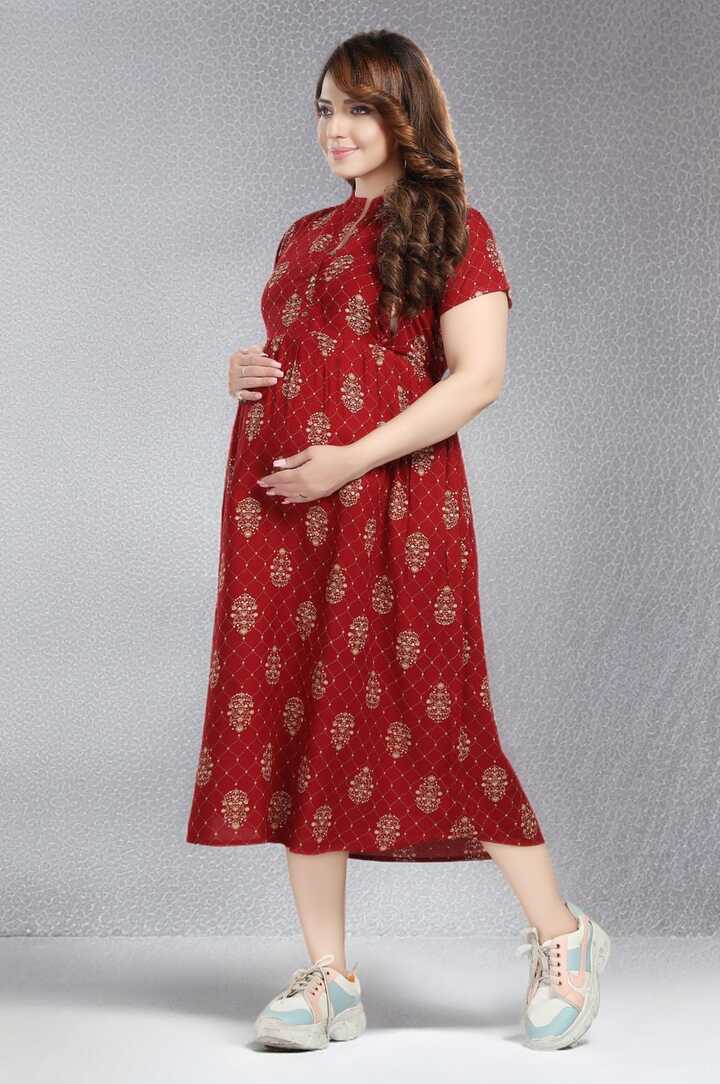 Maroon Foil Print Feeding Dress