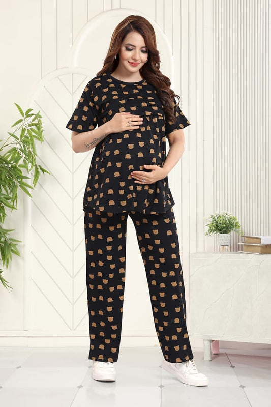 MomsBae Teddy Bear Printed Peplum Feeding Coord Set, front view