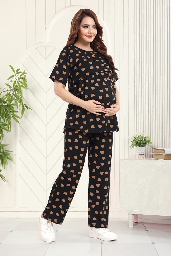MomsBae Teddy Bear Printed Peplum Feeding Coord Set, alternate front view