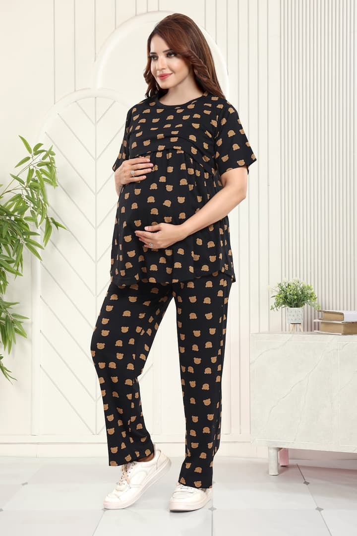 MomsBae Teddy Bear Printed Peplum Feeding Coord Set, alternate front view