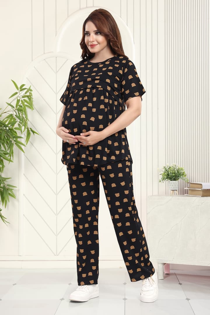 MomsBae Teddy Bear Printed Peplum Feeding Coord Set, alternate front view