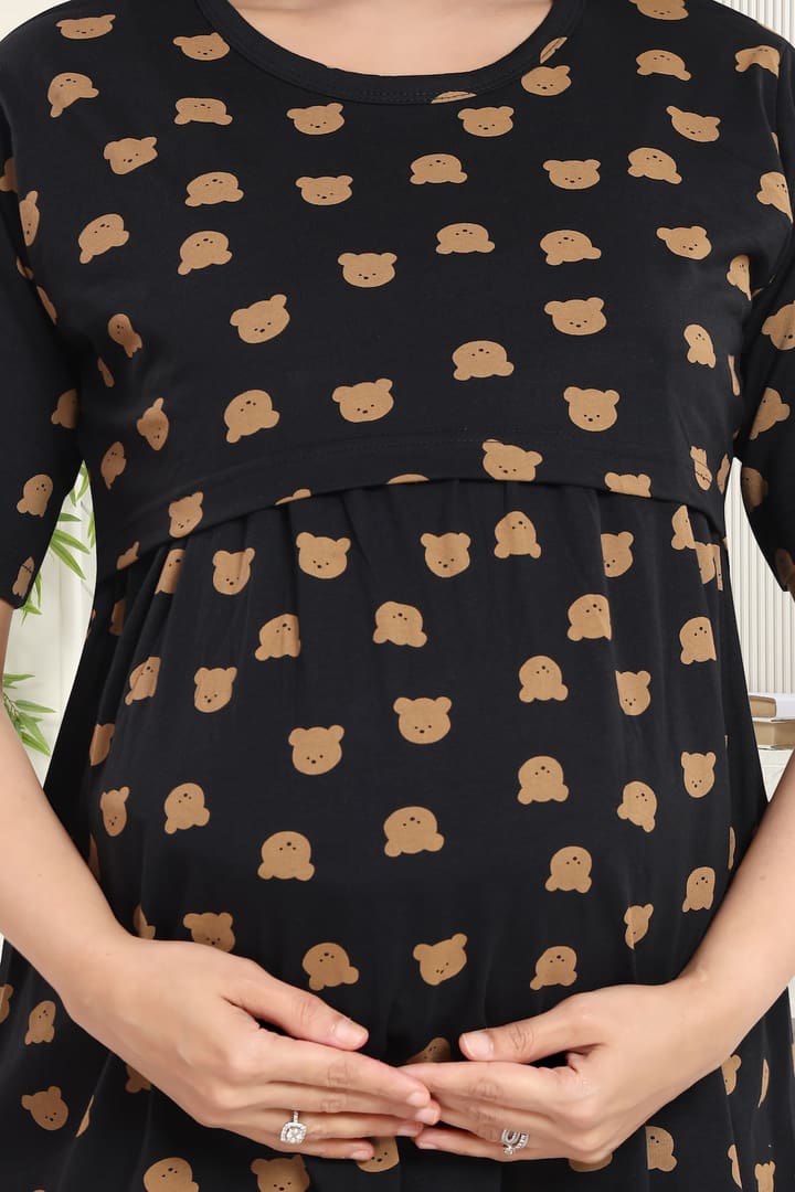 MomsBae Teddy Bear Printed Peplum Feeding Coord Set, print detail