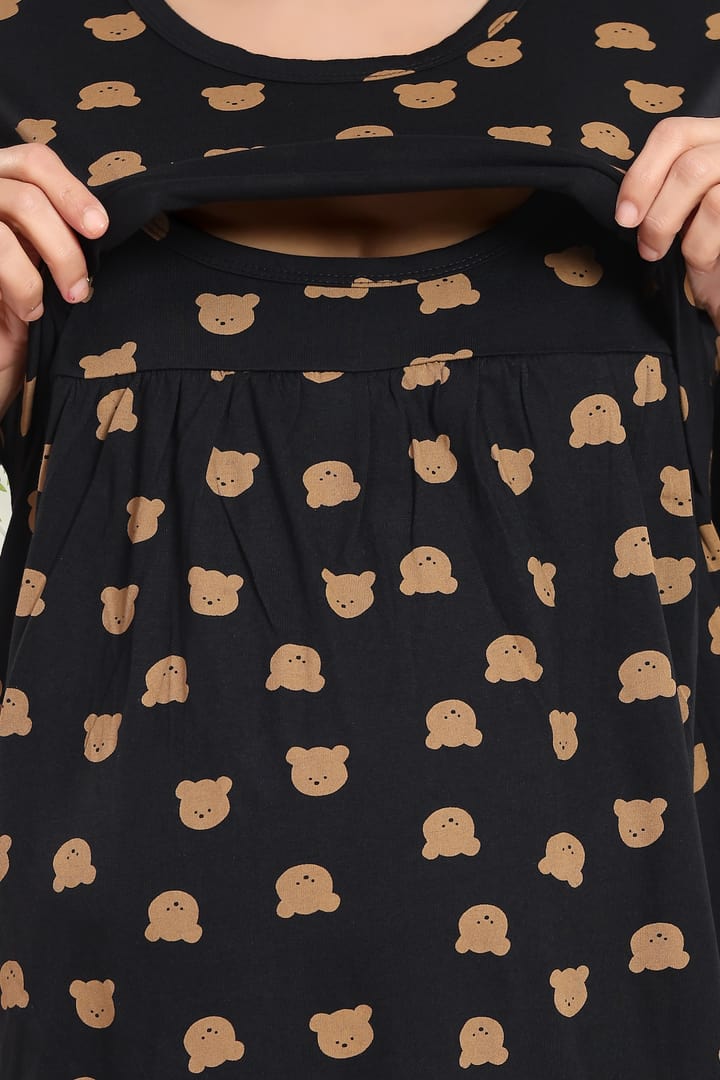 MomsBae Teddy Bear Printed Peplum Feeding Coord Set, zipless nursing panel detail