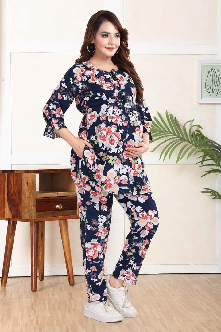 MomsBae Navy Floral Feeding Coord Set, alternate full-length view