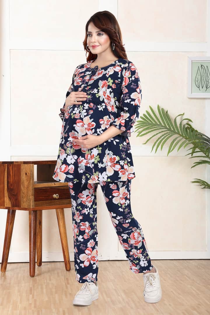 MomsBae Navy Floral Feeding Coord Set, alternate full-length view