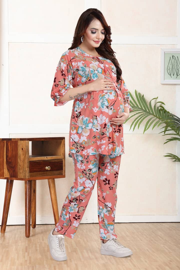 MomsBae Coral Floral Feeding Coord Set, alternate full-length view