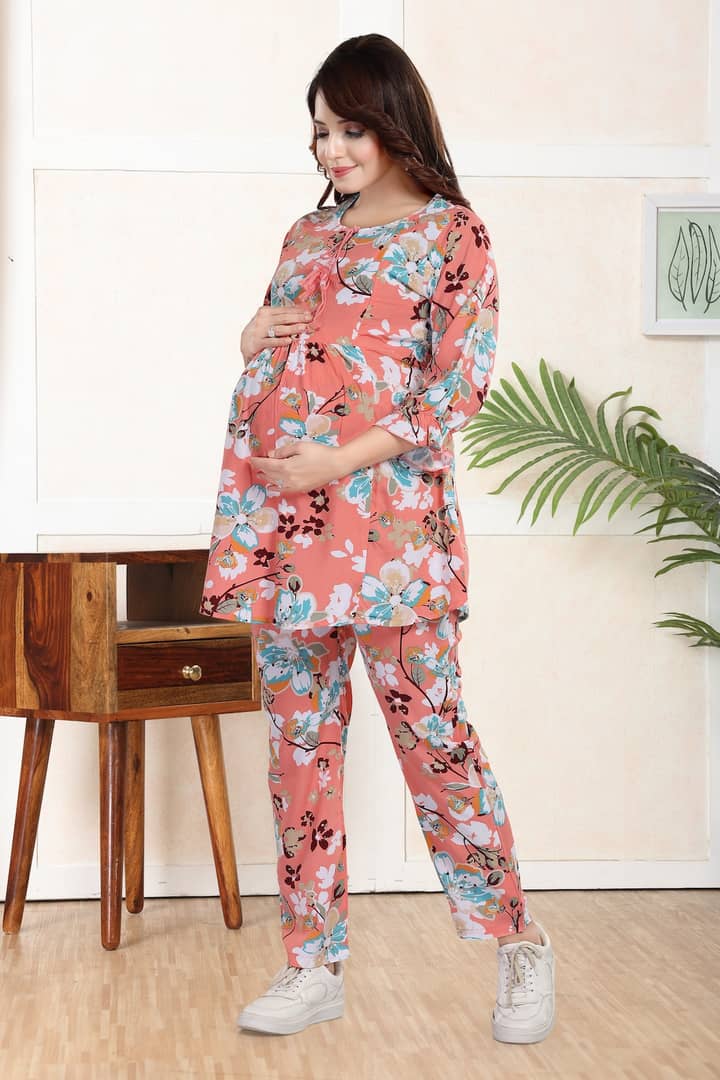 MomsBae Coral Floral Feeding Coord Set, alternate full-length view