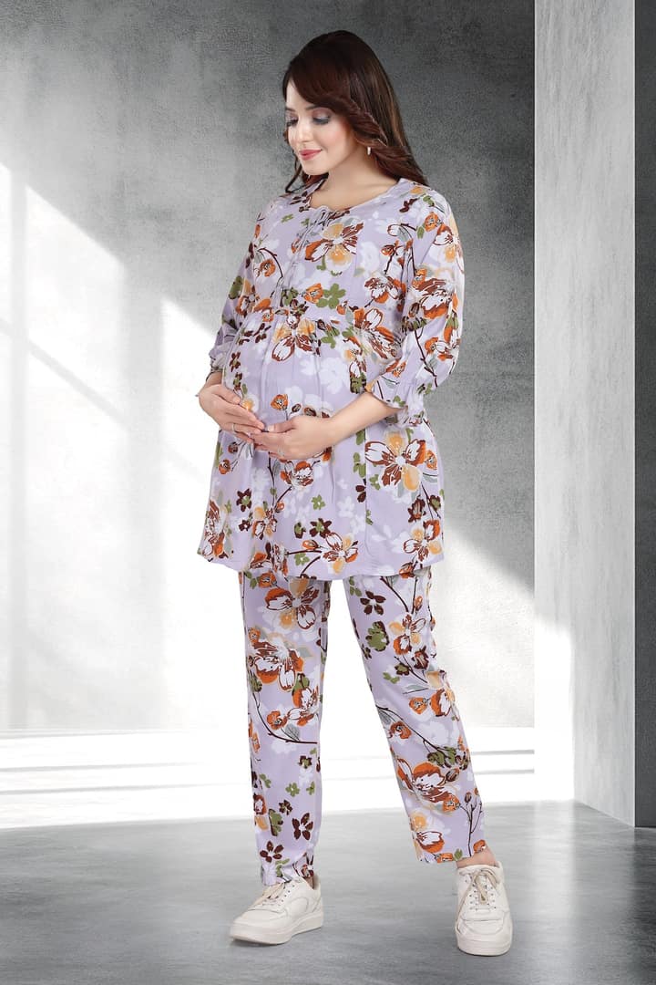 MomsBae Lilac Floral Feeding Coord Set, alternate full-length view