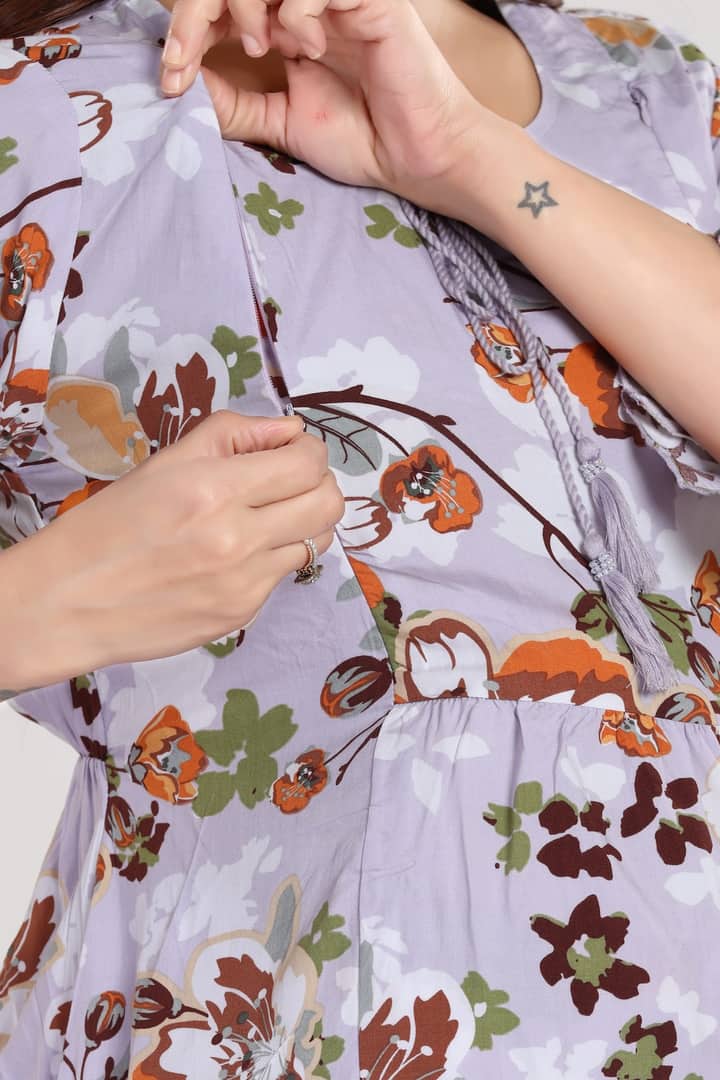 MomsBae Lilac Floral Feeding Coord Set, nursing zip detail