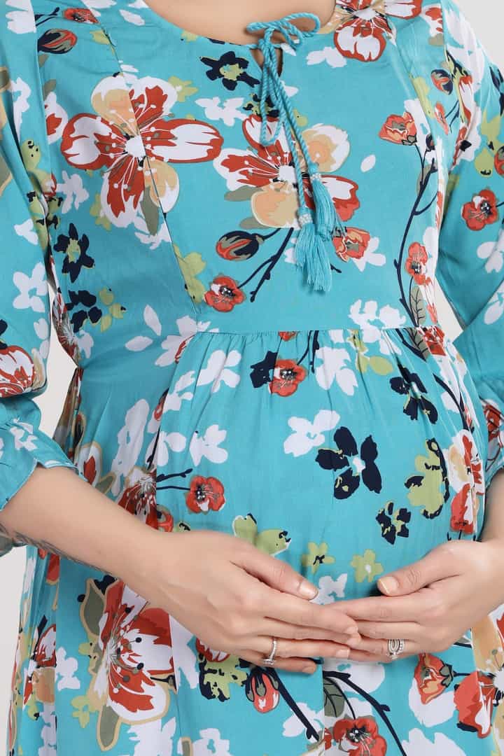 MomsBae Teal Floral Feeding Coord Set, print detail