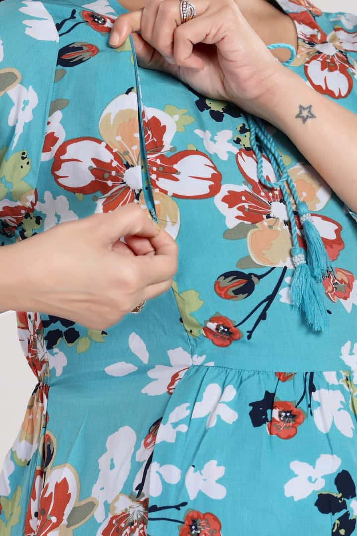 MomsBae Teal Floral Feeding Coord Set, nursing zip detail