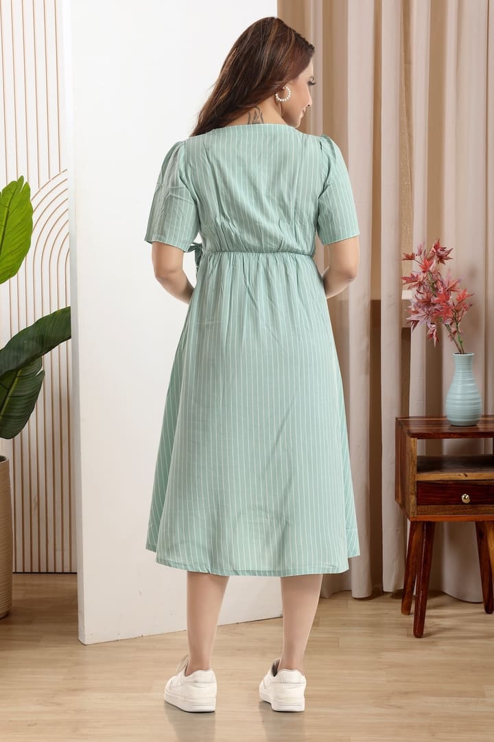 MomsBae Powder Blue Striper Maternity Dress, back view