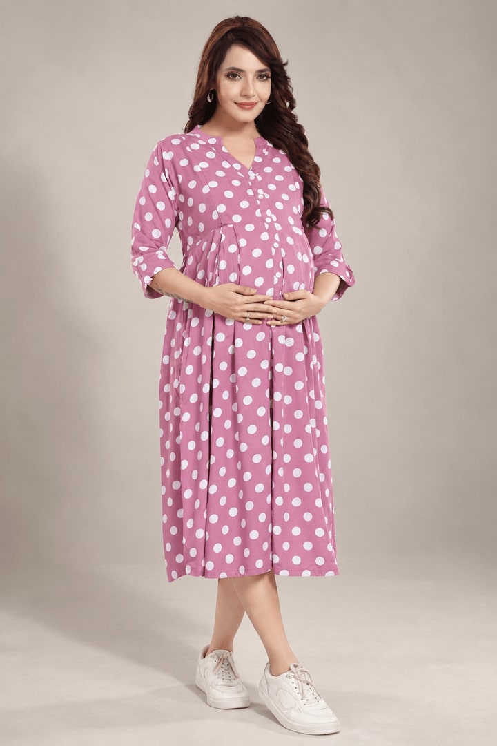 MomsBae Onion Pink Polka Dot Feeding Dress, front view