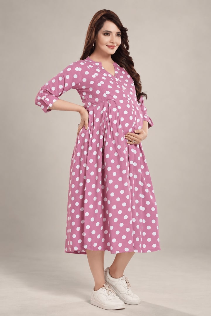 MomsBae Onion Pink Polka Dot Feeding Dress, alternate front view