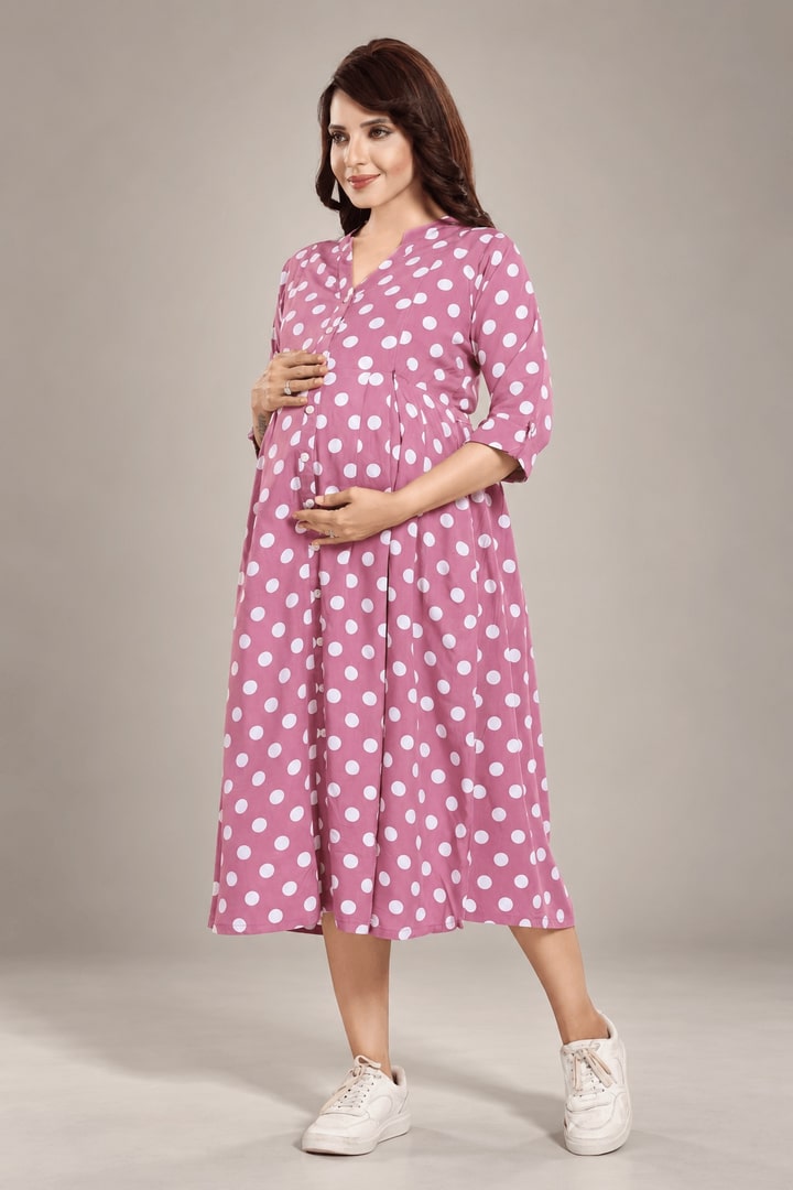 MomsBae Onion Pink Polka Dot Feeding Dress, alternate front view