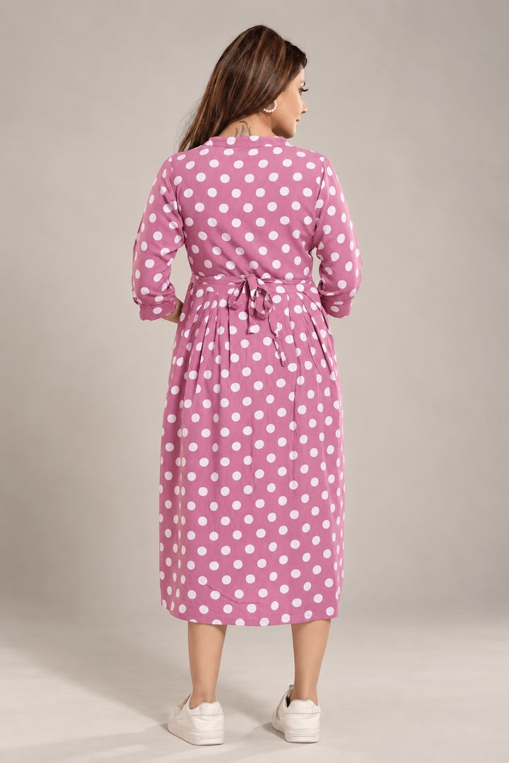 MomsBae Onion Pink Polka Dot Feeding Dress, back view
