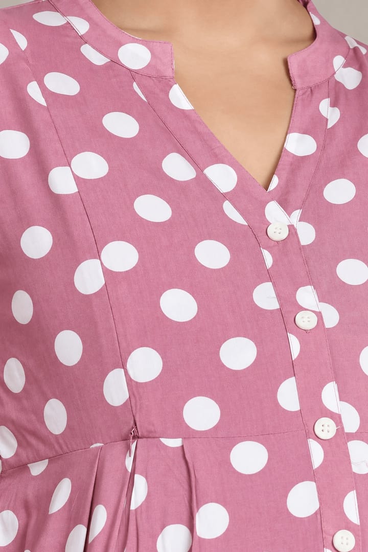 MomsBae Onion Pink Polka Dot Feeding Dress, neckline and print detail