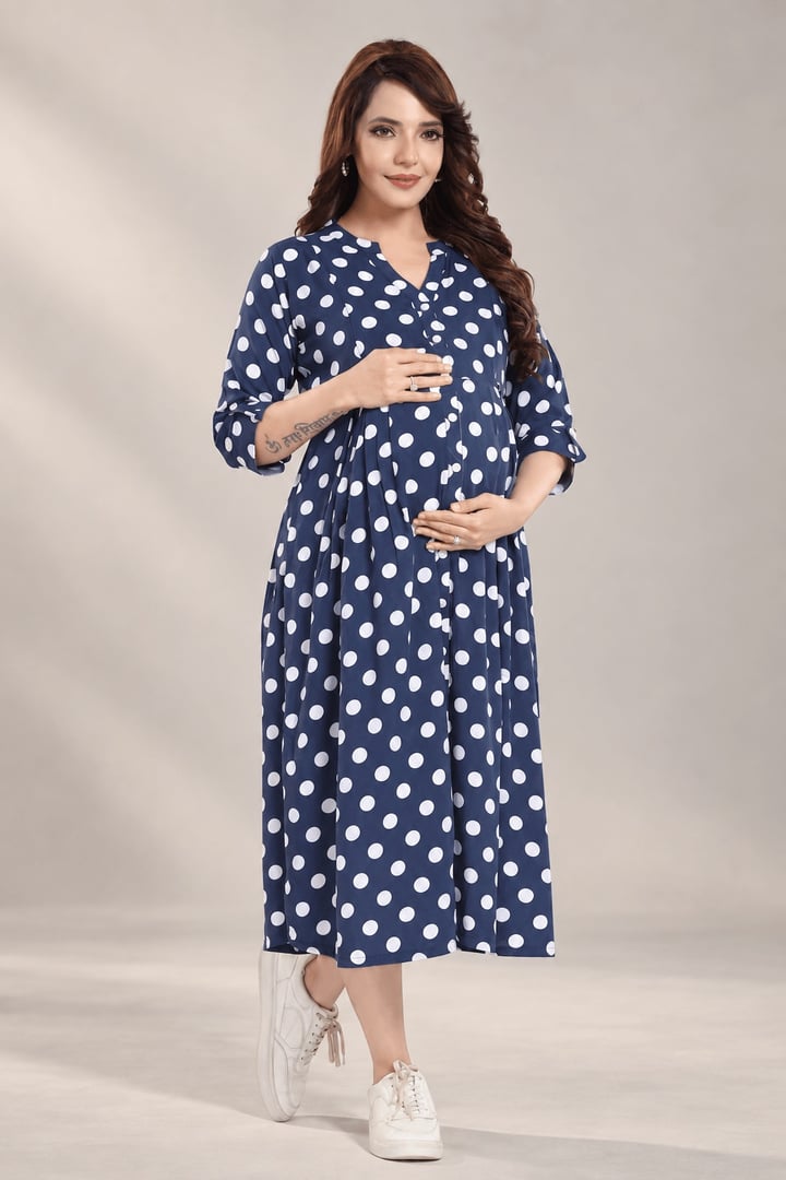 MomsBae Blueberry Smoothie Polka Dot Feeding Dress, front view