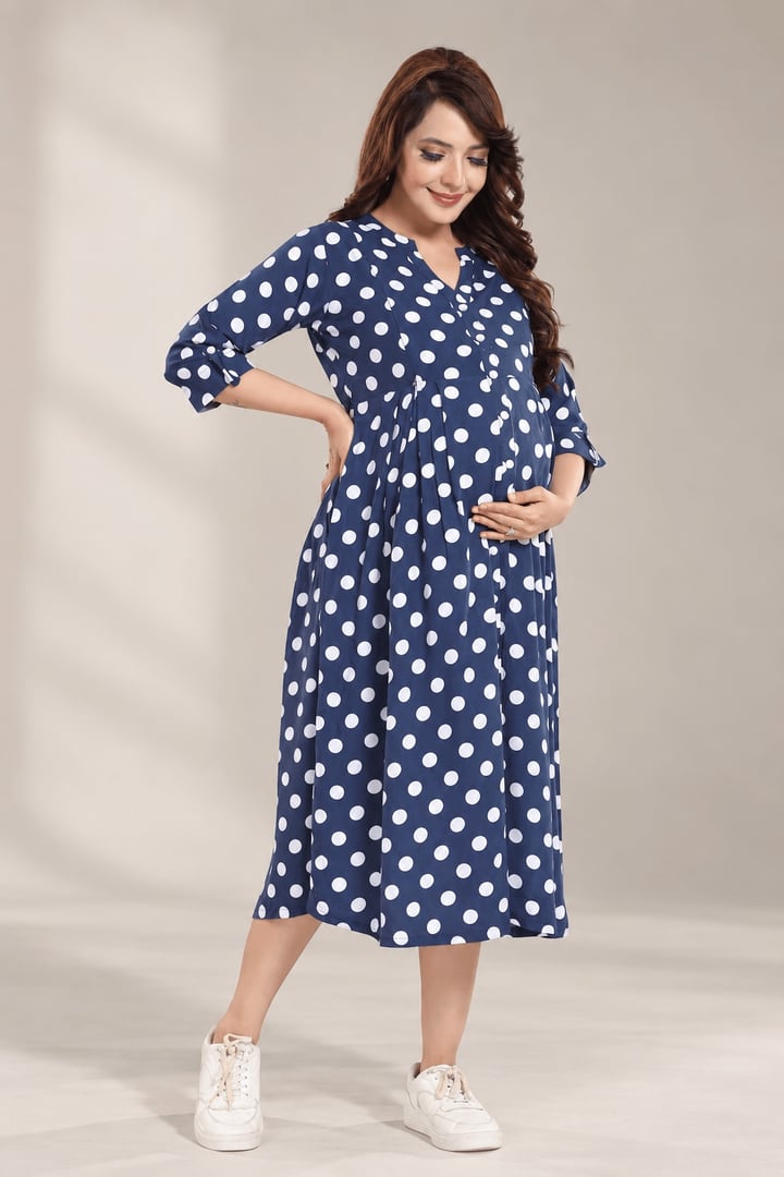 MomsBae Blueberry Smoothie Polka Dot Feeding Dress, alternate front view