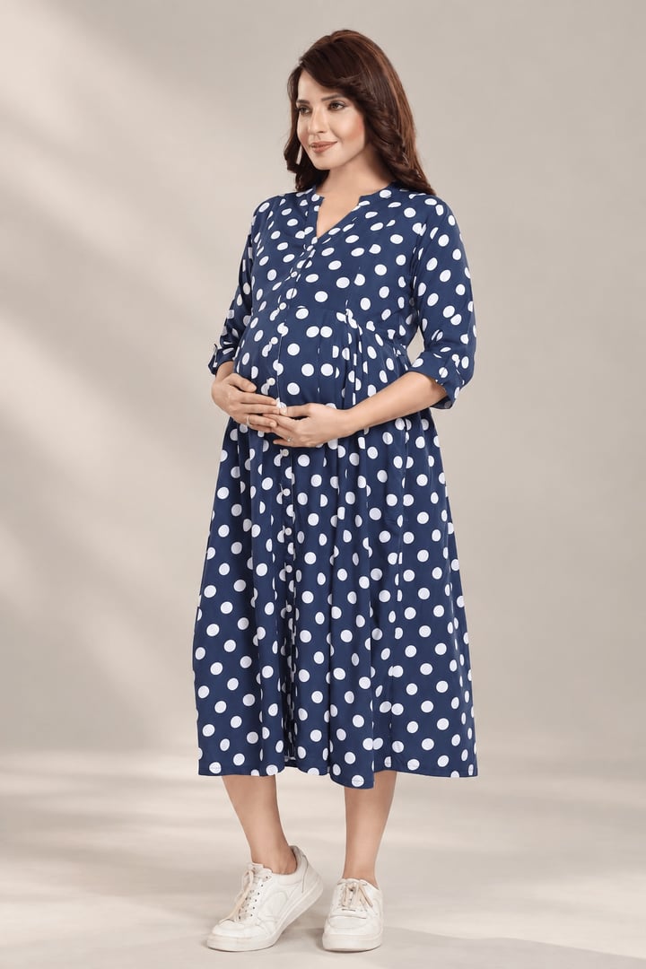 MomsBae Blueberry Smoothie Polka Dot Feeding Dress, alternate front view