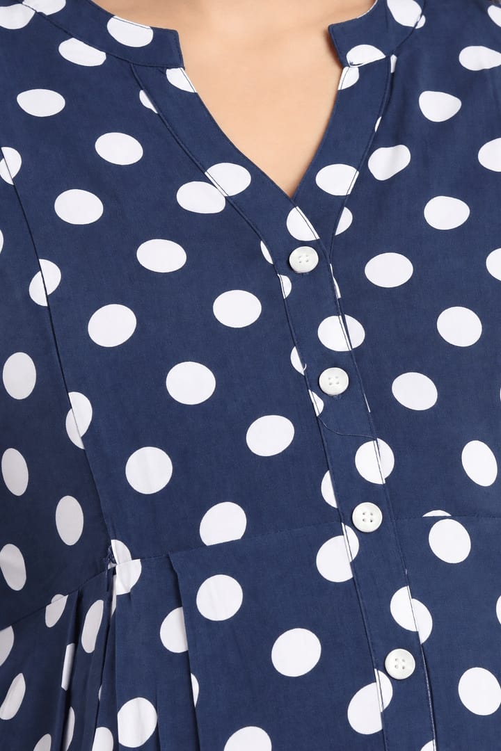 MomsBae Blueberry Smoothie Polka Dot Feeding Dress, neckline and print detail