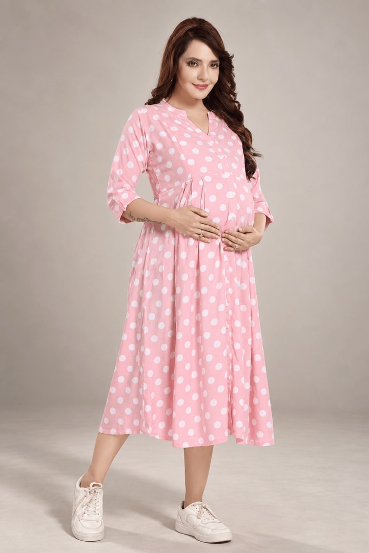 MomsBae Berry Custard Polka Dot Feeding Dress, front view